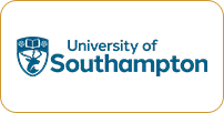 Logo of the university of southampton featuring a shield with a torch and book emblem in white and blue color scheme on a gold background.
