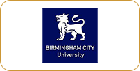 Logo of birmingham city university featuring a white heraldic lion on a blue background with the university's name in white text.
