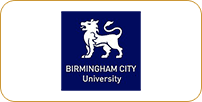 Logo of birmingham city university featuring a white heraldic lion on a blue background with the university's name in white text.