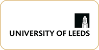 Logo of the university of leeds, featuring an emblem with a stylized tower on a black background next to the university's name in white text.