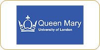 Logo of queen mary university of london featuring a crown above the text on a blue background.