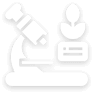 Icon representing scientific research, featuring a microscope observing a plant, with a book and card.