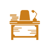 Icon of a typewriter with a sheet of paper, represented in a simplified, orange graphic style.