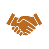 Icon of two hands shaking, depicted in a simplified line drawing style on a plain black background.
