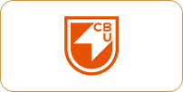 Orange and white logo featuring the letters "cbu" inside a stylized shield, with a white right-facing arrow on the shield's lower half.