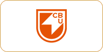 Orange and white logo featuring the letters "cbu" inside a stylized shield, with a white right-facing arrow on the shield's lower half.