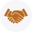 Icon of two hands engaged in a handshake, depicted in white on a brown background, symbolizing agreement or partnership.