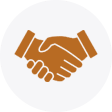 Icon of two hands engaged in a handshake, depicted in white on a brown background, symbolizing agreement or partnership.