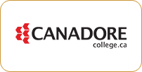 Logo of canadore college featuring red hexagonal shapes and the college name in black text on a white background, with a web address below.