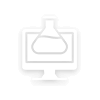 A simple black and white icon depicting a computer monitor with a chemical flask on the screen.
