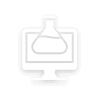 A simple black and white icon depicting a computer monitor with a chemical flask on the screen.