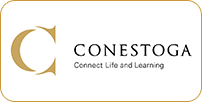 Logo of conestoga college featuring a stylized letter 'c' in gold, with the text "conestoga" and the tagline "connect life and learning" underneath.