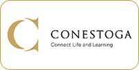 Logo of conestoga college featuring a stylized letter 'c' in gold, with the text "conestoga" and the tagline "connect life and learning" underneath.