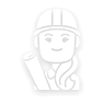 A line drawing of a female construction worker wearing a hard hat and holding blueprints.