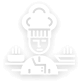 Icon of a chef wearing a hat, with a happy expression, standing between two steaming dishes.