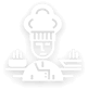 Icon of a chef wearing a hat, with a happy expression, standing between two steaming dishes.