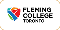 Logo of fleming college toronto featuring a colorful geometric design next to the college's name on a white background.