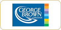 Logo of george brown college featuring a stylized blue 'gbc' with a multicolored square design on the right.