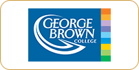 Logo of george brown college featuring a stylized blue 'gbc' with a multicolored square design on the right.