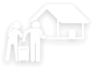 Silhouette of two people, one with a suitcase, standing next to a simple house outline.