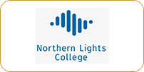 Logo of northern lights college featuring stylized blue aurora borealis above the text.