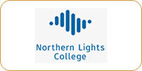 Logo of northern lights college featuring stylized blue aurora borealis above the text.