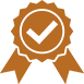 Orange and brown seal of approval icon with a check mark in the center, featuring a ribbon design at the bottom.