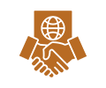 Logo featuring a handshake in front of a globe, enclosed in a shield, with a brown color palette.
