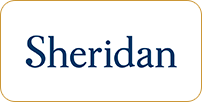 A rectangular sign with rounded corners and a yellow background, featuring the word "sheridan" in blue serif font centered within a white inset border.