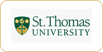 Logo of st. thomas university featuring a green and gold shield with a cross and two stars, beside the university's name on a beige background.