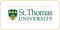 Logo of st. thomas university featuring a green and gold shield with a cross and two stars, beside the university's name on a beige background.