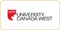 Logo of university canada west featuring the letters ucw in black on a white background, with a stylized red maple leaf on the left.