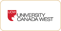 Logo of university canada west featuring the letters ucw in black on a white background, with a stylized red maple leaf on the left.