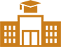 Icon of a school building with a central clock tower and graduation cap on top, depicted in a simple, flat graphic style.