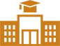 Icon of a school building with a central clock tower and graduation cap on top, depicted in a simple, flat graphic style.