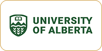 Logo of the university of alberta featuring a green shield with white chevrons and text on a white rectangular background.