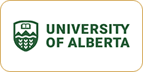 Logo of the university of alberta featuring a green shield with white chevrons and text on a white rectangular background.