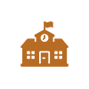 Icon of a school building with a bell on the roof and two windows, designed in a simple, stylized brown outline.