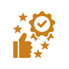 Icon representing quality assurance, featuring a checkmark inside a gear, a thumbs-up, and stars.