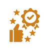 Icon representing quality assurance, featuring a checkmark inside a gear, a thumbs-up, and stars.