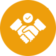 Icon of two hands shaking with a check mark above, on an orange background, symbolizing agreement or confirmation.