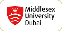 Logo of middlesex university dubai featuring a red shield with three white waves and a crown, accompanied by the university's name.