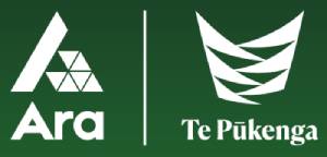 Logo of Ara Institute of Canterbury and Te Pūkenga on a green background, featuring geometric and abstract symbols next to the organization names.