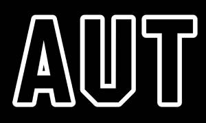Black background with white outlined letters "AUT" in a bold, sans-serif font.