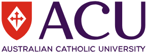 Logo of Australian Catholic University (ACU) featuring a red shield with a white cross, accompanied by the initials "ACU" in purple letters and the full university name below. The Melbourne campus of