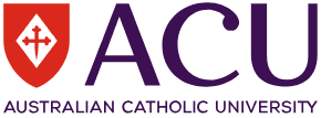 Logo of Australian Catholic University (ACU) featuring a red shield with a white cross, accompanied by the initials "ACU" in purple letters and the full university name below. The Melbourne campus of