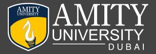Logo of Amity University Dubai featuring a torch inside a shield with blue, yellow, and grey colors and the text "Amity University Dubai.