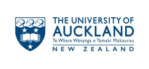 Logo of the University of Auckland featuring a blue shield with symbols, accompanied by the name and location in New Zealand.