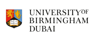 Logo of the University of Birmingham Dubai, featuring a shield with a lion and motto, alongside the university's name.