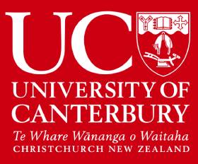 Logo of the University of Canterbury, featuring bold "UC" letters, a crest with a shield and cross, and the text "University of Canterbury New Zealand" in white on a red background.